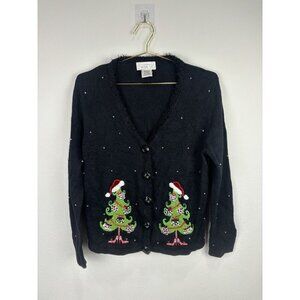 Christmas Holiday Cardigan Sweater Trees Beads Santa Hat Size L Mandal Bay Black